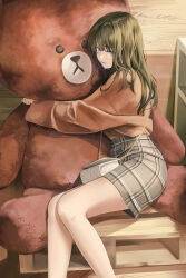 Rule 34 | 1girl, absurdres, bare legs, blue eyes, blush, brown shirt, feet out of frame, green hair, grey skirt, highres, legs, looking at viewer, looking to the side, original, oversized object, pencil skirt, plaid, plaid skirt, shirt, shirt tucked in, sion (im10042m), sitting, skirt, smile, solo, stuffed animal, stuffed toy, teddy bear