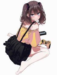 Rule 34 | 1girl, absurdres, bare shoulders, black skirt, blush, brown eyes, brown hair, closed mouth, frills, full body, hair behind ear, hair ribbon, hand on ground, highres, instrument, invisible floor, keyboard (instrument), lee roha, looking at viewer, looking back, luvluvvox, nijisanji, nijisanji kr, off-shoulder shirt, off shoulder, on ground, playstation controller, ribbon, shirt, simple background, sitting, skirt, smile, socks, solo, suspenders, thighhighs, thighs, toes, twintails, virtual youtuber, wariza, white background, white thighhighs