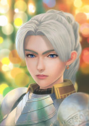 Rule 34 | 1girl, armor, bad id, bad pixiv id, blue eyes, blurry, blurry background, braid, breastplate, chris lightfellow, close-up, closed mouth, depth of field, earrings, eyebrows, fateline alpha, gensou suikoden, gensou suikoden iii, gorget, highres, jewelry, long hair, looking at viewer, pink lips, plate armor, ponytail, shoulder armor, silver hair, solo, pauldrons