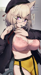 Rule 34 | 1girl, absurdres, animal ear fluff, animal ears, arknights, beret, black hat, black jacket, bra, breasts, cleavage, cowboy shot, garter straps, glasses, groin, hair ornament, hairclip, hands up, hat, highres, indoors, jacket, large breasts, light brown hair, mouth hold, no shirt, official alternate costume, open clothes, open jacket, pantyhose, pink bra, purple eyes, short hair, single leg pantyhose, solo, thighs, underwear, utage (arknights), utage (disguise) (arknights), wakamepiza, yellow pantyhose