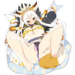Rule 34 | 1girl, anal, anal beads, anal tail, animal ears, ball and chain restraint, barefoot, black panties, blush, breasts, brown eyes, butt plug, cleavage, collar, fake tail, female focus, fox ears, fox tail, headdress, highres, kaede (sayappa), large breasts, long hair, object insertion, panties, pussy, pussy juice, ragnarok online, see-through, sex toy, solo, sorcerer (ragnarok online), spread legs, tail, tears, underboob, underwear, vaginal, vaginal object insertion, vibrator, vibrator under clothes, vibrator under panties, white hair