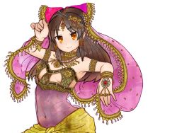 Rule 34 | 1girl, alternate costume, armband, armpits, blush, bow, bracelet, breasts, brown hair, closed mouth, cookie (touhou), covered navel, cowboy shot, dancer, earrings, fringe trim, hair bow, hakurei reimu, indian clothes, jewelry, long hair, looking at viewer, medium breasts, miazuma sarin, navel, navel piercing, necklace, piercing, sananana (cookie), sideboob, simple background, smile, solo, third-party source, touhou, transparent background, veil, yellow eyes
