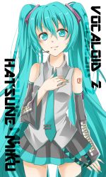 Rule 34 | 1girl, aqua eyes, aqua hair, bad id, bad pixiv id, detached sleeves, hand on own chest, hatsune miku, headset, highres, long hair, nail polish, necktie, nou (nounknown), simple background, skirt, solo, thighhighs, twintails, very long hair, vocaloid