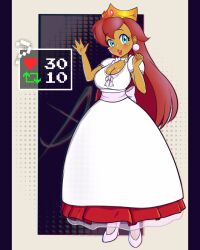 1girl blue_hair blush breasts cleavage crown dark_skin dress freckles high_heels highres leggings lipstick looking_at_viewer makeup mario_(series) moonxel nintendo princess princess_peach red_hair simple_background strip_game super_mario_bros._1 twitter twitter_strip_game_(meme) waving_hand white_dress