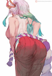 Rule 34 | 1girl, ass, breasts, cutesexyrobutts, from behind, green hair, hanging breasts, highres, horns, large breasts, long hair, multicolored hair, one piece, patreon username, ponytail, rope, sideboob, simple background, solo, two-tone hair, white background, white hair, yamato (one piece)