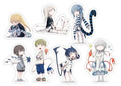 Rule 34 | 1boy, 6+girls, :d, antennae, bare legs, barefoot, between legs, black capelet, black dress, blonde hair, blue eyes, blue hair, blue nails, blue pants, body markings, breasts, brown eyes, brown hair, byakuen rubia, capelet, cardigan, chibi, collared shirt, creature, crossed arms, dress, facial mark, fins, fringe trim, full body, geta, green hair, grey footwear, hair tubes, hand between legs, hand up, hidou ten, highres, kairogi meura, kaisei, kazami sikiso, leaning forward, long sleeves, looking at another, looking away, looking down, looking up, multicolored hair, multiple girls, nail polish, octopus, open mouth, orb, original, outline, outstretched leg, own hands together, pants, pants rolled up, pointy ears, sad, shading eyes, shark fin, sharp teeth, shirt, shoes, short hair with long locks, sideways glance, simple background, sitting, smile, standing, striped, striped tail, tail, tassel, teeth, tentacle hair, tentacles, toenail polish, toenails, twintails, two-tone hair, v arms, watae suien, white background, white dress, white hair, white shirt, yellow eyes, yohami raiko, yukima (yushika)