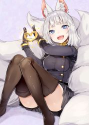 Rule 34 | 1girl, :d, animal ears, bad id, bad pixiv id, belt, black gloves, black skirt, black thighhighs, blunt bangs, breasts, buttons, double-breasted, eyebrows, eyelashes, fang, fox ears, fox tail, gloves, grimoire x reverse: tensei kijin romantan, heart, heart hands, highres, long sleeves, looking at viewer, miniskirt, multiple tails, nekometaru, no shoes, open mouth, pleated skirt, short hair, sitting, skirt, smile, solo, tail, teeth, thighhighs, upskirt, white hair