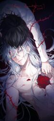 Rule 34 | 2boys, bai liu, bishounen, black hair, blue eyes, broken, flower, i became a god in a horror game, long hair, long sleeves, looking at another, looking down, male focus, multiple boys, red flower, red rose, rose, shirt, short hair, tavel, thorns, upper body, white hair, white shirt, zaphylla