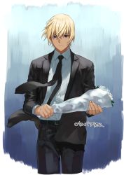Rule 34 | 1boy, amuro tooru, belt, black belt, black jacket, black necktie, black pants, black suit, blonde hair, blue eyes, bouquet, closed mouth, collared shirt, commentary request, cropped legs, fingernails, floating neckwear, flower, formal, gradient background, hair between eyes, highres, holding, holding bouquet, indesign, jacket, long sleeves, looking down, male focus, meitantei conan, necktie, open clothes, open jacket, pants, serious, shirt, shirt tucked in, short hair, signature, solo, standing, suit, white shirt, wind