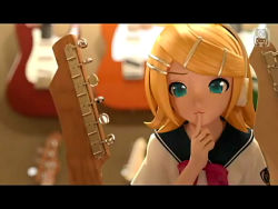 Rule 34 | 1girl, 3d, blonde hair, female focus, guitar, indoors, instrument, kagamine rin, letterboxed, project diva, project diva (series), solo, vocaloid