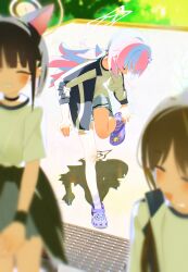 3girls absurdres adjusting_footwear airi_(blue_archive) black_hair blue_archive blue_hair blurry blurry_foreground bm_tol closed_eyes crocs full_body halo highres jacket kazusa_(blue_archive) long_hair long_sleeves multicolored_hair multiple_girls open_clothes open_jacket outdoors pink_hair purple_footwear purple_socks reisa_(blue_archive) shadow shirt shorts smile socks standing standing_on_one_leg striped_clothes striped_socks white_shirt