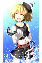 Rule 34 | 1girl, alternate costume, bare shoulders, belt, blonde hair, blush, closed eyes, crescent, eel, female focus, gloves, gradient background, happy, hat, highres, kazetto, lunasa prismriver, midriff, moon, navel, open mouth, short hair, shorts, sleeveless, smile, solo, touhou, water