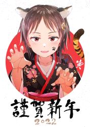 Rule 34 | 1girl, 2022, animal ears, animal print, black kimono, blush, brown hair, cat ears, chinese zodiac, claw pose, collarbone, commentary request, facial mark, fang, fingernails, floral print, gomennasai, hair ornament, hairclip, happy new year, highres, japanese clothes, kimono, long hair, looking at viewer, nengajou, new year, obi, open mouth, original, paw print, print kimono, red eyes, sash, skin fang, solo, tail, tiger ears, tiger tail, translation request, upper body, year of the tiger, zangyaku-san