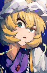 Rule 34 | 1girl, blonde hair, blue eyes, commentary, green eyes, hat, highres, looking at viewer, onionmay, open mouth, short hair, slit pupils, solo, symbol-only commentary, touhou, upper body, white hat, yakumo ran