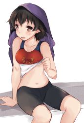 Rule 34 | 10s, 1girl, abenattou, alternate costume, arm support, bad id, bad pixiv id, bare shoulders, bike shorts, black hair, black shorts, blush, breasts, brown eyes, caesar (girls und panzer), clothes lift, collarbone, cowboy shot, crop top, girls und panzer, gym uniform, looking to the side, medium breasts, multicolored shirt, navel, open mouth, parted lips, shirt lift, short hair, shorts, sitting, smile, solo, sportswear, sweat, tank top, towel, towel on head, underboob, white background