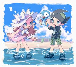 Rule 34 | 1boy, 1girl, ;d, aged down, bow, caitlin (pokemon), cloud, creatures (company), day, dress, eyelashes, game freak, gen 4 pokemon, green shorts, hat, hat bow, highres, holding, holding pokemon, nintendo, one eye closed, open mouth, outdoors, pink dress, piplup, pokemon, pokemon (creature), pokemon dppt, pokemon platinum, sand, sandals, scrunchie, shiny skin, shore, shorts, sky, smile, standing, thorton (pokemon), toes, tongue, tora (ctiger), twitter username, wading, water, white bow, white headwear, wrist scrunchie
