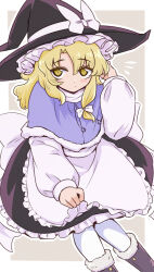 Rule 34 | 1girl, apron, black footwear, black hat, black skirt, blonde hair, blue capelet, boots, bow, capelet, frilled skirt, frills, fur-trimmed capelet, fur boots, fur trim, hair bow, hat, hat bow, kirisame marisa, long sleeves, pantyhose, puffy long sleeves, puffy sleeves, shio (futatsumami), shirt, simple background, skirt, solo, touhou, waist apron, white apron, white bow, white pantyhose, white shirt, witch hat, yellow eyes