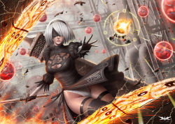 Rule 34 | 1girl, action, artist name, black dress, black footwear, black gloves, black hairband, black thighhighs, blindfold, boots, breasts, cleavage, cleavage cutout, clothing cutout, covered eyes, cowboy shot, dress, drone, enrique marcell, firing, floating, gatling gun, gloves, greatsword, groin, gun, hair over eyes, hairband, highleg, highleg leotard, highres, holding, holding sword, holding weapon, huge weapon, juliet sleeves, katana, legs together, leotard, lips, lipstick, long sleeves, machinery, makeup, medium breasts, nier (series), nier:automata, nose, parted lips, pink lips, pod (nier:automata), puffy sleeves, robot, shards, short dress, short hair, side slit, silver hair, solo, spread fingers, sword, thigh boots, thighhighs, turtleneck, unsheathed, vambraces, weapon, weapon on back, white leotard, 2b (nier:automata)