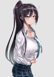 Rule 34 | 1girl, absurdres, black hair, breasts, high ponytail, highres, hotate-chan, idolmaster, idolmaster shiny colors, large breasts, long hair, looking at viewer, necktie, ponytail, school uniform, shirase sakuya, shirt, simple background, skirt, solo, white shirt, yellow eyes