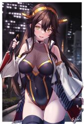 Rule 34 | 1girl, :d, black gloves, black leotard, blurry, blurry background, blush, border, breasts, brown hair, cleavage, collarbone, commentary request, commission, covered navel, fingerless gloves, gloves, hair ornament, hairclip, haruna (kancolle), haruna kai ni (kancolle), highres, jacket, kantai collection, large breasts, leotard, long hair, looking at viewer, open mouth, outdoors, outside border, shirokuma a, skeb commission, sleeveless, sleeveless jacket, smile, solo, translation request, white border, white jacket, yellow eyes