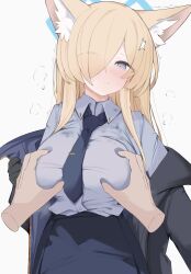 Rule 34 | 1girl, absurdres, black gloves, black necktie, blonde hair, blue archive, blue eyes, blue halo, blue shirt, blush, breasts, collared shirt, commentary request, gloves, grabbing, grabbing another&#039;s breast, hair over one eye, halo, highres, kanna (blue archive), large breasts, long hair, necktie, nui (nuinui0300), shirt, simple background, solo focus, white background