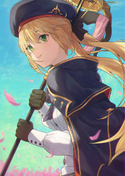 Rule 34 | 1girl, artoria caster (fate), artoria caster (second ascension) (fate), artoria pendragon (fate), beret, blonde hair, blue capelet, blue headwear, blue sky, breasts, buttons, cape, capelet, closed mouth, dress, fate/grand order, fate (series), gloves, green eyes, hat, highres, holding, holding staff, long hair, long sleeves, looking at viewer, multicolored cape, multicolored capelet, multicolored clothes, petals, sky, small breasts, smile, staff, tesin (7aehyun), twintails, white dress