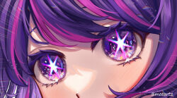 Rule 34 | 1girl, absurdres, blush, close-up, commentary, english commentary, eye focus, highres, hoshino ai (oshi no ko), lens flare, light particles, long hair, looking at viewer, meeartz, multicolored hair, oshi no ko, parted bangs, pink hair, purple eyes, purple hair, shadow, sidelocks, solo, sparkle, star-shaped pupils, star (symbol), streaked hair, swept bangs, symbol-shaped pupils, twitter username