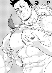 Rule 34 | 2boys, bara, bare pectorals, beard, beard stubble, boku no hero academia, clothes lift, endeavor (boku no hero academia), facial hair, from below, grabbing, grabbing from behind, greyscale, hawks (boku no hero academia), highres, large pectorals, light frown, male focus, mature male, monochrome, multiple boys, muscular, muscular male, nipple stimulation, nipple tweak, p (pppppppppq), pectoral focus, pectorals, scar, scar across eye, shirt lift, short hair, sideburns, spiked hair, stubble, sweat, tank top, thick eyebrows, upper body, veins, veiny arms, very sweaty, white tank top, yaoi