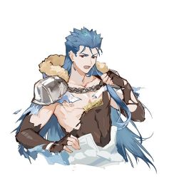 Rule 34 | 1boy, armor, blue hair, bodysuit, broken armor, capelet, cu chulainn (fate), cu chulainn (caster) (fate), damaged, earrings, elbow gloves, fang, fate/grand order, fate (series), fur-trimmed capelet, fur trim, gloves, guttia, jewelry, cu chulainn (fate/stay night), long hair, male focus, pauldrons, red eyes, shoulder armor, solo, torn bodysuit, torn clothes, upper body