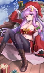 Rule 34 | 1girl, black gloves, black pantyhose, blush, boots, bow, breasts, capelet, christmas, cleavage, crescent, crescent hair ornament, fur-trimmed headwear, fur trim, gift, gloves, hair bow, hair ornament, hat, highres, holding, large breasts, long hair, looking at viewer, namiki (remiter00), one eye closed, open mouth, pantyhose, patchouli knowledge, purple eyes, purple hair, red capelet, ribbon, sack, santa hat, solo, touhou