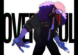 Rule 34 | 1boy, azisaiharumaki56, black shirt, boku no hero academia, brown hair, character name, cowboy shot, feather trim, feathers, gloves, highres, jacket, looking at viewer, male focus, mask, mouth mask, necktie, overhaul (boku no hero academia), plague doctor mask, purple feathers, shirt, short hair, signature, solo, twitter username, white background, white gloves, yellow eyes