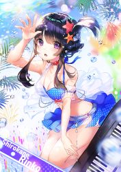Rule 34 | 1girl, aerial fireworks, apple caramel, arm up, bang dream!, bare arms, bare shoulders, bikini, black hair, blue bikini, blue sky, blush, breasts, bubble, character name, cleavage, collarbone, commentary request, day, diffraction spikes, fireworks, folded ponytail, hair between eyes, hair ornament, hairclip, halterneck, instrument, keyboard (instrument), long hair, looking at viewer, medium breasts, o-ring, o-ring bottom, outdoors, parted lips, polka dot, polka dot bikini, purple eyes, see-through, shirokane rinko, side ponytail, sidelocks, sky, solo, star (symbol), star hair ornament, swimsuit