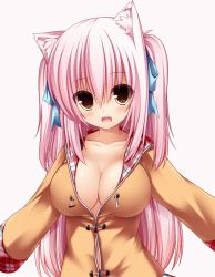 Rule 34 | 1girl, animal ears, animated, animated gif, blinking, breasts, brown eyes, cat ears, cat tail, cleavage, fang, large breasts, long hair, original, pink hair, shia flatpaddy, solo, syroh, tail