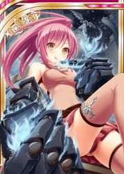 Rule 34 | 1girl, akkijin, bone, card (medium), clenched hand, cross, crucifix, dress, gloves, hitodama, looking at viewer, night, night sky, orange dress, orange eyes, pink hair, ponytail, shinkai no valkyrie, sky, solo, star (sky), starry sky, statue, thighhighs, tongue, tongue out