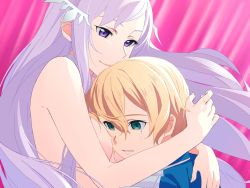 Rule 34 | 1boy, 1girl, aqua eyes, arm around neck, blonde hair, blue jacket, breast smother, breasts, choker, closed mouth, clothed male nude female, couple, crying, dutch angle, empty eyes, eugeo, face to breasts, floating hair, hair between eyes, hair ornament, hetero, hug, jacket, large breasts, light purple hair, long hair, nude, parted lips, purple eyes, quinella, short hair, smile, sword art online, sword art online: alicization, tears, upper body, very long hair