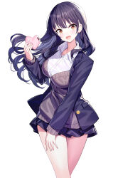 Rule 34 | 1girl, :d, black hair, black jacket, black skirt, blazer, blush, boku no kokoro no yabai yatsu, breasts, brown cardigan, brown eyes, cardigan, collared shirt, commentary request, dress shirt, floating hair, hand up, heart, highres, holding, jacket, looking at viewer, medium breasts, open clothes, open jacket, open mouth, pleated skirt, ririko (zhuoyandesailaer), shirt, simple background, skirt, smile, solo, teeth, upper teeth only, white background, white shirt, yamada anna