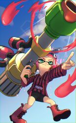 Rule 34 | bandana, bike shorts, black shirt, blue sky, boots, cloud, commentary request, green eyes, highres, holding, holding weapon, inkling, inkling girl, inkling player character, nastar r0, nintendo, pointing, red footwear, red hair, red shirt, rubber boots, shirt, short hair, sky, smirk, splatoon (series), splatoon 3, striped clothes, striped shirt, sunlight, trizooka (splatoon), weapon