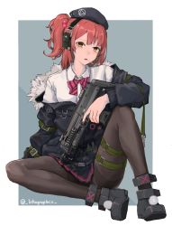 Rule 34 | 1girl, absurdres, artist name, beret, black footwear, black hat, black jacket, black pantyhose, black skirt, bow, bowtie, candy, food, fur-trimmed jacket, fur trim, girls&#039; frontline, gun, h&amp;k mp7, hair bobbles, hair ornament, hat, headphones, highres, holding, holding gun, holding weapon, jacket, lithographica, lollipop, long sleeves, looking at viewer, mouth hold, mp7 (girls&#039; frontline), nail polish, off shoulder, one side up, pantyhose, pink bow, pink bowtie, pink nails, pleated skirt, red hair, revision, shirt, simple background, sitting, skirt, solo, submachine gun, thigh strap, twitter username, two-tone background, weapon, white shirt, yellow eyes