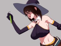 Rule 34 | 1girl, armpits, bare shoulders, belt, book, breasts, brown hair, detached collar, elbow gloves, female focus, game cg, glasses, gloves, halterneck, hand up, hat, holding, kurokawa sahara, large breasts, looking away, medium hair, midriff, navel, o-ring, open mouth, original, red eyes, round eyewear, side slit, simple background, solo, tube, upper body, witch hat