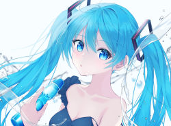 Rule 34 | 1girl, absurdres, aqua hair, armband, artist name, artist request, blue hair, frilled armband, frills, hair between eyes, hatsune miku, highres, long hair, simple background, solo, vocaloid, white background