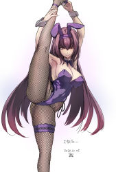 Rule 34 | 1girl, animal ears, arms up, bad id, bad twitter id, bare shoulders, blush, breasts, cleavage, detached collar, fake animal ears, fate/grand order, fate (series), fishnet pantyhose, fishnets, hair between eyes, highleg, highleg leotard, highres, large breasts, leg lift, leg up, leotard, long hair, looking at viewer, official alternate costume, pantyhose, playboy bunny, purple hair, purple leotard, rabbit ears, red eyes, scathach (fate), scathach (piercing bunny) (fate), smile, split, standing, standing on one leg, standing split, thighs, tooya daisuke, wrist cuffs