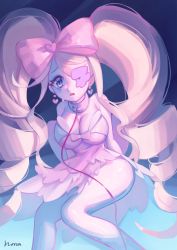 Rule 34 | 1girl, absurdres, alternate breast size, bad id, bad twitter id, bare arms, bare legs, blonde hair, bow, breasts, cleavage, collar, dress, earrings, eyelashes, hair bow, hair over one eye, harime nui, highres, jewelry, kill la kill, large breasts, leash, long hair, looking at viewer, norza, pink bow, pink dress, shiny clothes, sidelocks, signature, sitting, solo, tearing up, twintails, very long hair