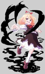 Rule 34 | 1girl, ascot, black skirt, black vest, blonde hair, collared shirt, darkness, full body, grey background, highres, long sleeves, open mouth, red ascot, red eyes, red footwear, rumia, shinmon akika, shirt, shoes, short hair, simple background, skirt, smile, socks, solo, teeth, touhou, upper teeth only, vest, white shirt, white socks