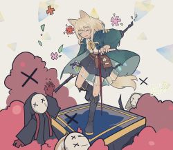Rule 34 | 1girl, 3others, :d, animal ears, arknights, belt, black footwear, black skirt, blonde hair, boots, closed eyes, dated, dog ears, dog tail, full body, green jacket, hair between eyes, highres, jacket, knee boots, leg up, long sleeves, looking at viewer, medium hair, miniskirt, mirelle94, multiple others, neck ribbon, open clothes, open jacket, open mouth, pleated skirt, podenco (arknights), pouring, reunion soldier (arknights), ribbon, see-through, shirt, skirt, smile, solo, staff, standing, tail, test tube, thigh strap, utility belt, vial, watermark, white shirt, x x, yellow ribbon