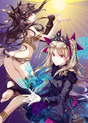 Rule 34 | 2girls, :d, ass, bare shoulders, birdcage, black cape, black dress, blonde hair, bow, breasts, brown hair, butt crack, cage, cape, commentary request, dress, earrings, ereshkigal (fate), ereshkigal (third ascension) (fate), fate/grand order, fate (series), fur-trimmed cape, fur trim, hair bow, infinity symbol, ishtar (fate), jewelry, jh, long hair, long sleeves, looking at viewer, looking to the side, multicolored cape, multicolored clothes, multiple girls, no panties, open mouth, own hands together, parted bangs, parted lips, purple bow, purple cape, red eyes, single sleeve, skull, sleeves past wrists, small breasts, smile, tiara, tohsaka rin, two side up, very long hair