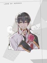 Rule 34 | 1boy, black hair, clover games, earrings, flower, formal, hand on own chin, highres, ian (lord of heroes), jewelry, looking at viewer, lord of heroes, official art, pale skin, rose, sketch, smile, yellow eyes