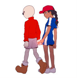 Rule 34 | 1boy, 1girl, numbuh 5, bald, bare legs, black hair, braid, cartoon network, clenched hand, codename: kids next door, couple, dark skin, earrings, from behind, hat, hetero, holding hands, jewelry, looking at another, numbuh 1, parted lips, shorts, simple background, standing, sunglasses, t k g, walking, white background