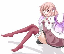 Rule 34 | 1girl, armband, bad id, bad pixiv id, bird wings, bow, brooch, dress, frilled thighhighs, frills, garter straps, geso (nekomachi), hand on own chest, jewelry, juliet sleeves, knees up, leg up, long sleeves, looking at viewer, mystia lorelei, no headwear, no shoes, open mouth, pink hair, puffy sleeves, red eyes, red thighhighs, shadow, short hair, simple background, sitting, solo, thighhighs, touhou, white background, wings