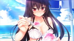 Rule 34 | 1girl, beach, bikini, black hair, blush, breasts, cleavage, closed mouth, collarbone, day, dessert, food, game cg, hand up, happy, highres, holding, holding spoon, kuroki michi, large breasts, long hair, looking at viewer, nora to oujo to noraneko heart 2, ocean, oozora itsuki, original, outdoors, parasol, red eyes, sitting, sky, smile, solo, spoon, swimsuit, umbrella, upper body, water