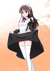 Rule 34 | 1girl, apron, black dress, brown hair, character request, clothes lift, dress, dress lift, frilled apron, frills, gabao (mattari 2019), lifting own clothes, long hair, long sleeves, looking at viewer, maid, maid apron, maid headdress, panties, puffy long sleeves, puffy sleeves, red eyes, red ribbon, ribbon, shinkalion (series), shinkansen henkei robo shinkalion, smile, solo, standing, thighhighs, underwear, white panties, white thighhighs